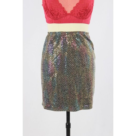 FREDERICK'S OF HOLLYWOOD Black Rainbow Stretch Sequin Mini Slip Skirt, Size M - Picture 2 of 13